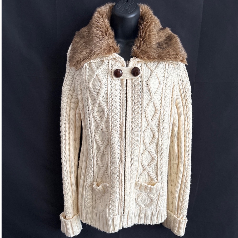 Y2K Cream Cable Knit Faux Fur Collar Cardigan Sweater Zip S Dainty Cabin Cottage